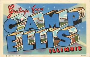 Large Letter Linen Greeting Postcard Camp Ellis IL Curt Teich P.O.W. Camp WWII