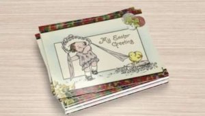 Hand-Designed Stationary Set, Little Girl in Merry Widow's Hat Fighting w/Chick