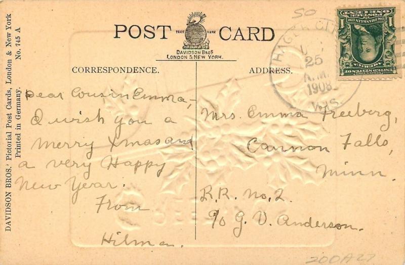 Christmas~Red Green Holly Berry in Wheelbarrow~Silver Back~Deep Emboss~Germany