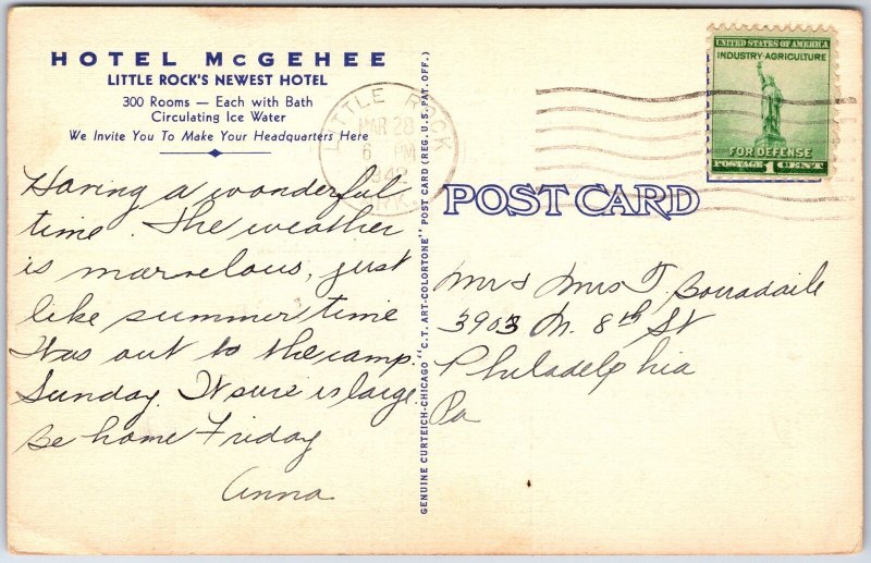 VINTAGE POSTCARD HOTEL McGHEE ON MAIN AT MARKHAM LITTLE ROCK ARKANSAS 1942 