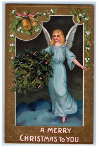 c1910's Christmas Angel Ringing Bell Mistletoe Nash Embossed Antique Postcard