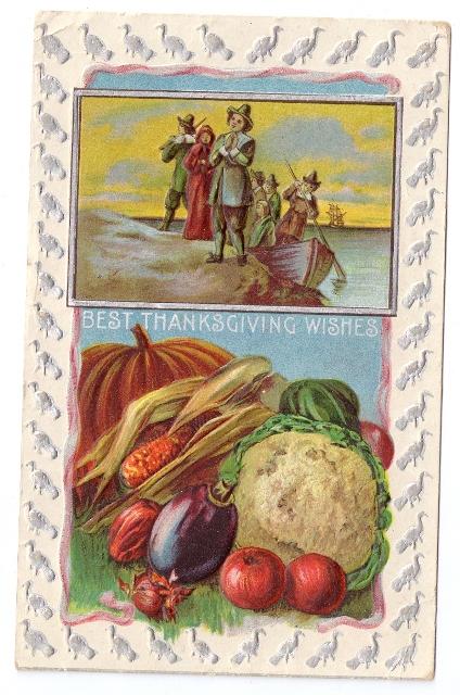 Vintage Thanksgiving Postcard Pilgrims Landing Vegetables Silver Turkey Frame