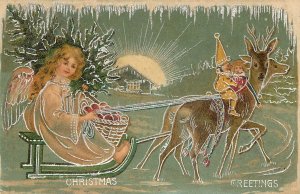 Tuck Electra Christmas Postcard MERRY CHRISTMAS Angel Reindeer Pulled Sled #4