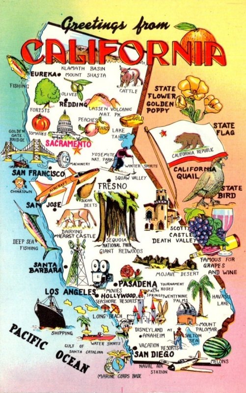 California Greetings With Map Of The Golden State