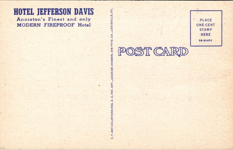 Linen Postcard Hotel Jefferson Davis in Anniston, Alabama