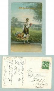 Sweden.1923. Congratulation. Boy With Flowers,Basket. Postal Used