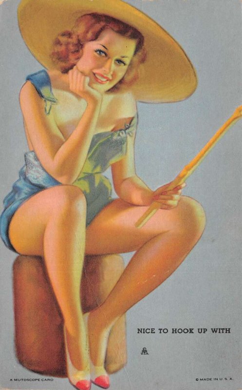 Pin Up Girl Fishing Nice to Hook Up With Vintage Arcade Card AA70464