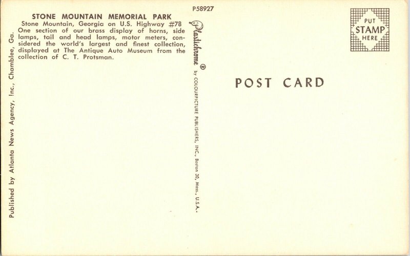  Stone Mountain Memorial Park Georgia US Hwy 78 CT Protsman UNP Vintage Postcard