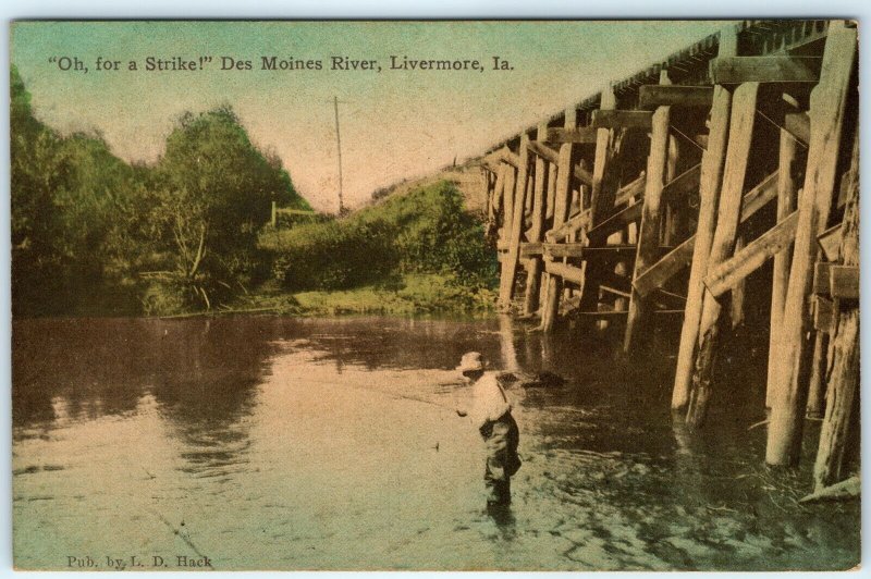c1910s Livermore, IA Man Fishing Des Moines River Photo Postcard Hand Color A25