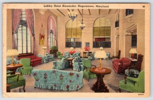 1942 HAGERSTOWN MARYLAND MD HOTEL ALEXANDER LOBBY VINTAGE LINEN POSTCARD