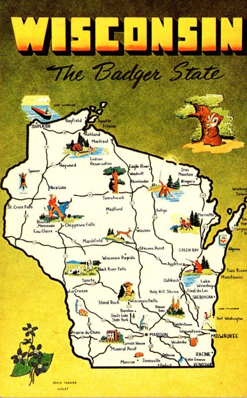 Map Of Wisconsin The Badger State With State Flower The Violet  United States - Wisconsin 