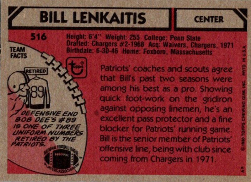 1980 Topps Football Card Bill Lenkaitis C New England Patriots sun0358