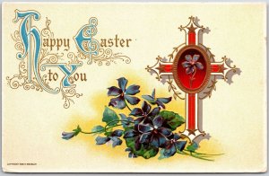 Happy Easter To You Violet Flower & Holy Cross Greetings Postcard 