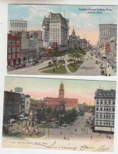 P2072, 2 old postcard dif views cadillac sq traffic etc detroit michigan unused