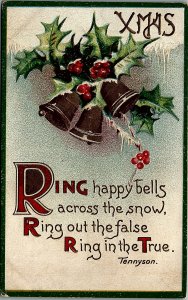 1909 CHRISTMAS BELLS HOLLY TENNYSON POEM EMBOSSED POSTCARD 14-131 
