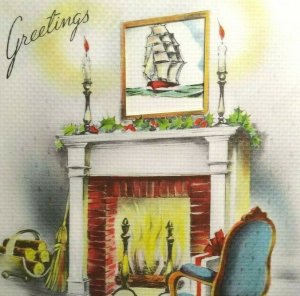 Christmas Greeting Card Clipper Pirate Ship Painting Over Fireplace Paramount