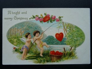 A BRIGHT & MERRY CHRISTMAS Angel Cherubs & Love Hearts c1906 Embossed Postcard