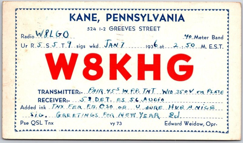 1936 QSL Radio Card Code W8KHG Kane Pennsylvania Amateur Station Posted Postcard