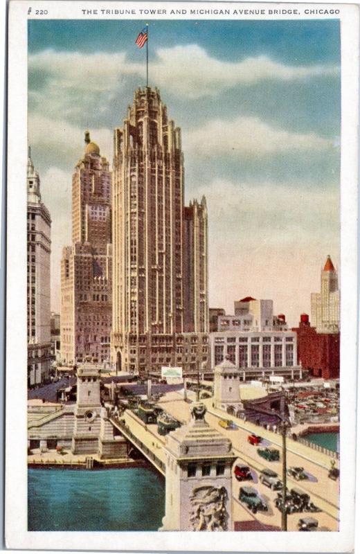 postcard IL - Tribune Tower and Michigan Avenue Bridge, Chicago