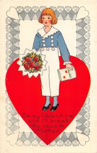 H53/ Valentine's Day Love Postcard c1910 Pretty Woman Heart Card Flowers 44