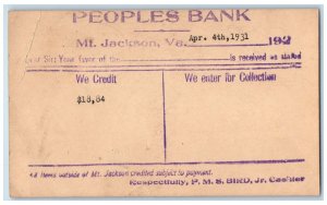 1931 Peoples Bank We Credit $18.84 Mt. Jackson Virginia VA Antique Postal Card