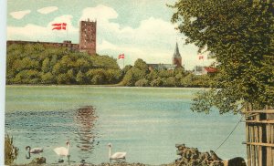 Vintage Postcard Flag of Denmark on Castle Lake With Swans Kolding slotsruin