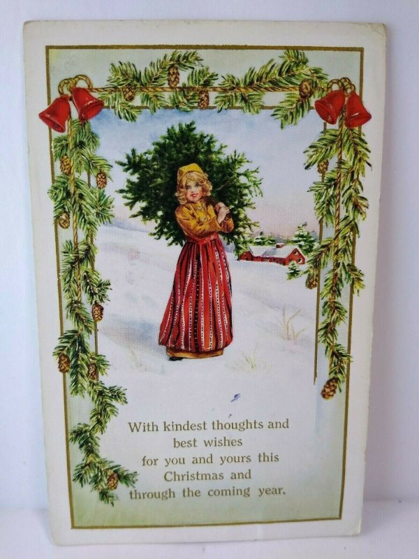 Christmas Postcard Whitney Women Carries X-mas Tree Vintage 1915 Nashua NH