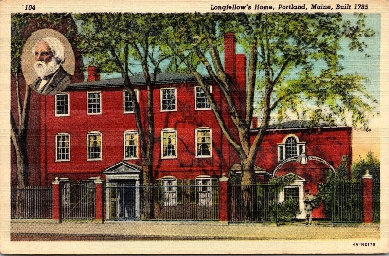 Longfellow’s Home, Portland Maine build 1785 104 4a-H2179 Postcard Vintage UP 