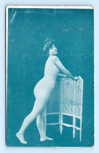 Risque Boudoir Cyanotype Woman Model Dressing Divider UNP DB Postcard Q2