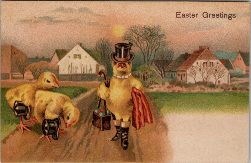 Easter Greetings Dressed Chick with Egg Basket Top Hats Boots Postcard X5