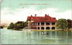 VINTAGE POSTCARD BOAT HOUSE HUMBOLDT PARK CHICAGO ILL MAILED 1908 {round corner}