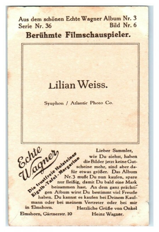 Lilian Weiss, Famous Actresses, Echte Wagner German Trade Card *VT31X