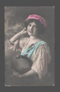 3079401 Woman DANCER TAMBOURINE old PHOTO RPPC Special Postmark