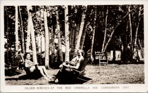 Silver Birches at Red Umbrella Inn Carnarvon Ontario People RPPC Postcard H18