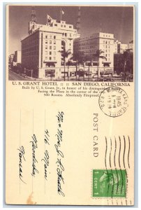 1945 US Grant Hotel Building View Restaurant San Diego California CA Postcard 