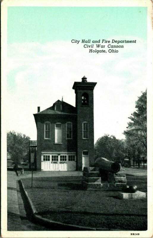 City Hall Fire Department Civil War Cannon Holgate Ohio OH UNP WB Postcard D10