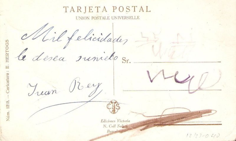 Hertogs. Caricature. Raining  Old vintage Spanish, artist signed, Postcard