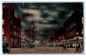 1914 Western Avenue At Night Downtown Classic Cars Tower Muskegon MI Postcard