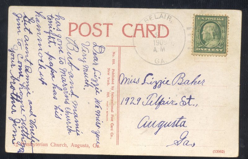 AUGUSTA GEORGIA FIRST PRESBYTERIAN CHURCH BELAIR GA CANCEL VINTAGE POSTCARD