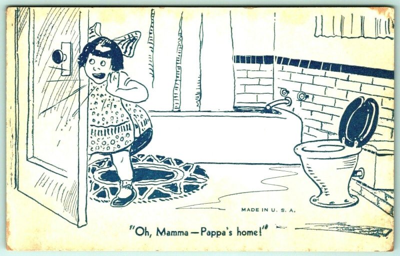 1940s Comic Arcade Card Little Girl Hiding in Bathroom Pappa's Home!  B13