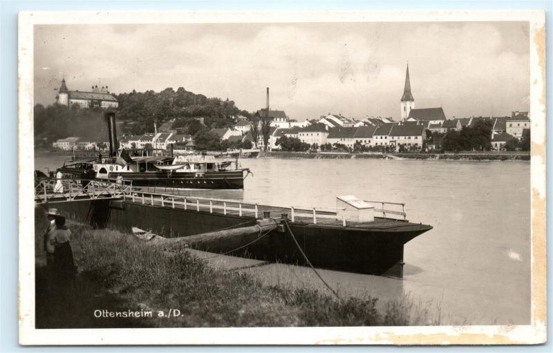 Ottensheim Austria City Town View Pier Dock Ship Vintage Real Photo Postcard C43