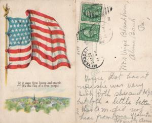 PATRIOTIC ANTIQUE AMERICAN FLAG POSTCARD w/ CORK CANCEL