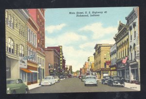 RICHMOND INDIANA DOWNTOWN MAIN STREET SCENE OLD CARS VINTAGE POSTCARD