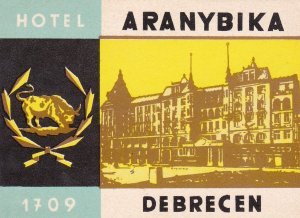 Hungary Debrecen Hotel Aranybika Vintage Luggage Label sk3889