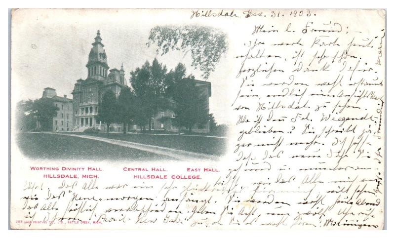 1903 Worthing Divinity, Central and East Halls, Hillsdale College, MI Postcard