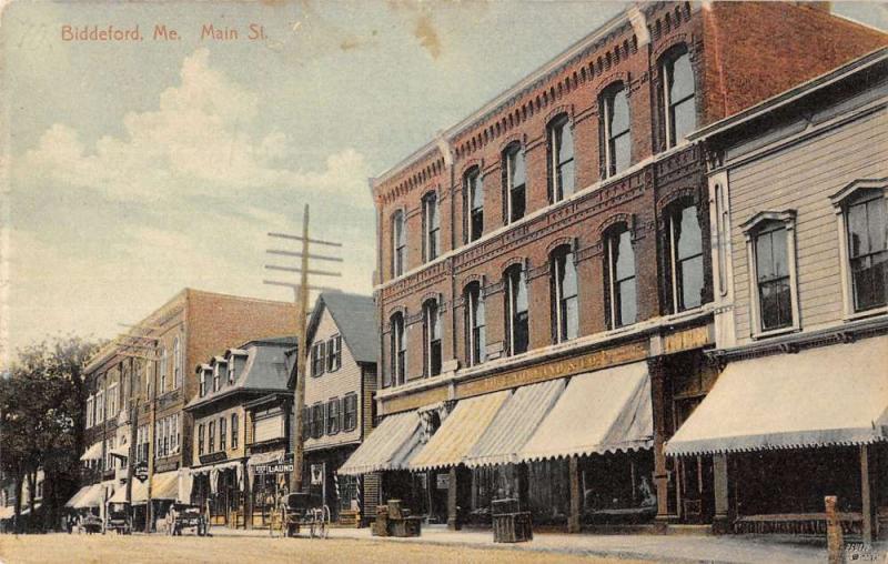 Biddeford Maine Main Street Scene Carriages Store Front Antique Postcard K13231