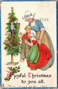 Dutch Family at Xmas Tree, Joyful Christmas Tucks 534 Happy Home Postcard X77