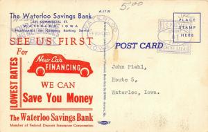Waterloo Iowa~Savings Bank Vignette~ART DECO Car Loan Advertising~1941 Linen PC 
