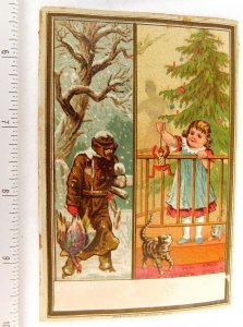 1879 Lovely Winter Christmas Tree Girl Cat Toy Goose Snow Victorian Card F49