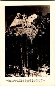 RPPC Vintage Postcard Mount Rushmore Memorial by Moonlight Black Hills, SD KJ3